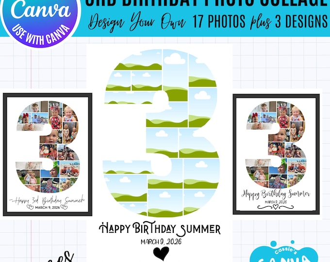 Canva 3rd Birthday Photo Collage Template, 17 Photo Number 1 Collage, Editable Milestone Poster, 3 Text Designs, Canva Number 3 template
