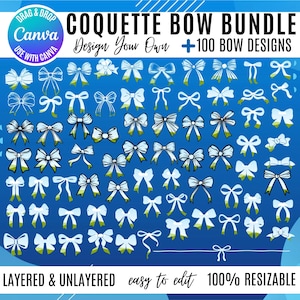 Pu&ograve; includere: Un pacchetto grafico digitale con 100 disegni di fiocchi bianchi con accenti verdi su sfondo blu. Il testo recita COQUETTE BOW BUNDLE, Design Your Own, 100 BOW DESIGNS, LAYERED & UNLAYERED, easy to edit e 100% RESIZABLE.