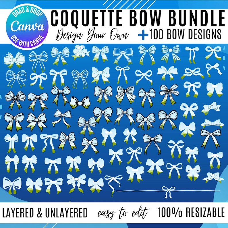 Pu&ograve; includere: Un pacchetto grafico digitale con 100 disegni di fiocchi bianchi con accenti verdi su sfondo blu. Il testo recita COQUETTE BOW BUNDLE, Design Your Own, 100 BOW DESIGNS, LAYERED & UNLAYERED, easy to edit e 100% RESIZABLE.