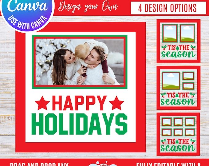 Canva Christmas Photo Frame Bundle, “Happy Holidays” Holiday Frames for 1, 2, 3 & 6 Photo, Festive Winter Canva Template