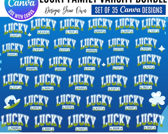 Lucky Family Varsity Canva Bundle, Editable Canva Templates: Canva Templates (Digital Download), Saint Patrick's Day Family Designs