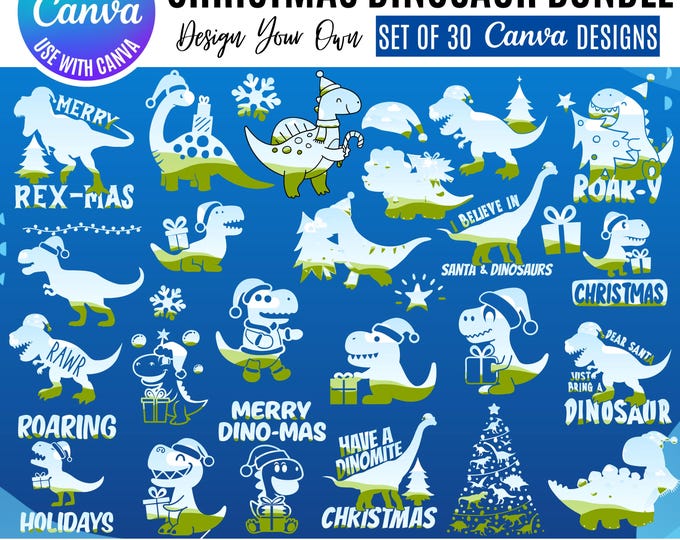 Christmas Dinosaur Clipart Bundle: Festive Dino Canva Frames (Digital Download)