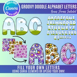 Retro Letters Canva Frame Template, Fill your own letters, Doodle Letters, Doodle Alphabet, Canva Templates, Doodle Alphabet Templates,
