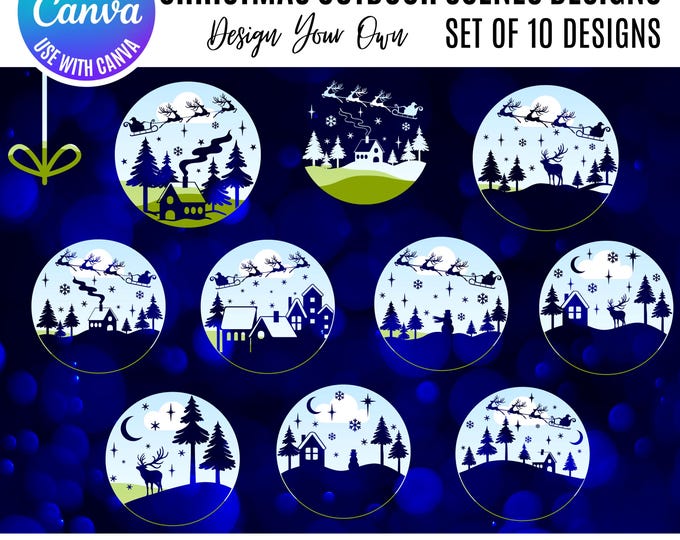 Canva Christmas Outdoor Scenes, Canva Outdoor Scene Ornament, Canva Winter Scene Template, Rustic Christmas Ornament, Holiday Canva Design