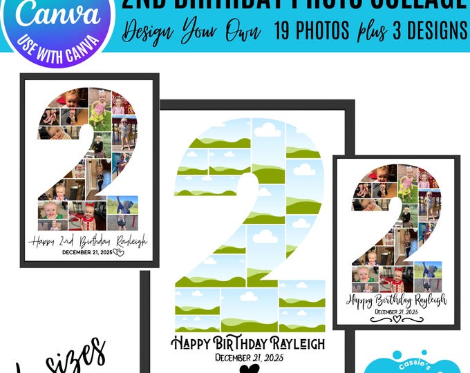 Canva 2nd Birthday Photo Collage Template, 19 Photo Number 1 Collage, Editable Milestone Poster, 3 Text Designs, Canva Number 2 template