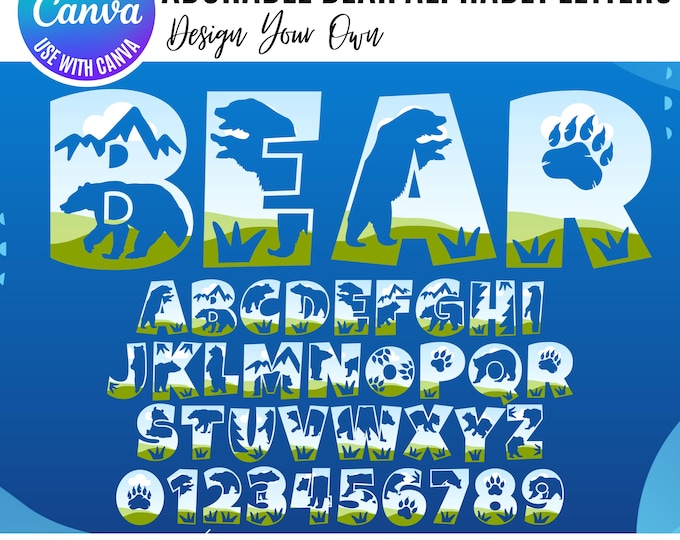 Bear Alphabet Canva Templates, Cute Bear Alphabet Canva Frame, Drag & Drop Template, Canva Alphabet Letters,  Editable Canva Bear Frame