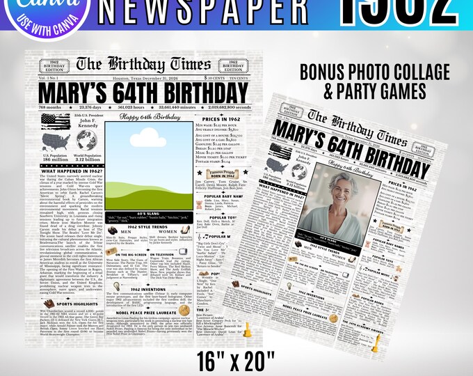 Editable Birthday Newspaper Template Canva, Custom Birth Year Facts Poster,  Canva Vintage Newspaper Birthday Sign, 1962 birthday gift decor