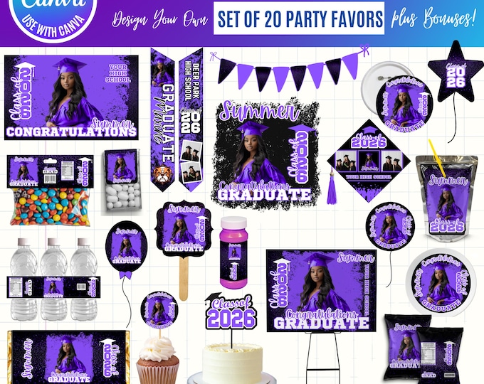 Graduation 2026 Canva Bundle Template, Editable Grad Party Decor Kit, Pre-Made Senior Designs, Canva graduation party favors bundle, digital
