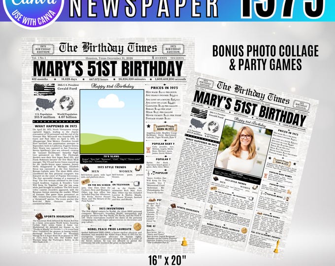 Editable Birthday Newspaper Template Canva, Custom Birth Year Facts Poster,  Canva Vintage Newspaper Birthday Sign, 1975 birthday gift decor