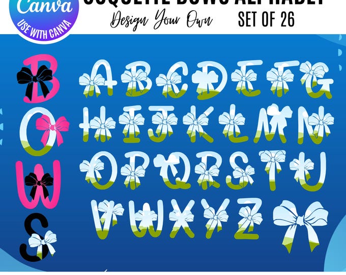 Coquette Bow Alphabet Canva Bundle, Canva Editable Frame, Editable Canva Font Set, Pink Girly letters, bow clipart letters, editable letters
