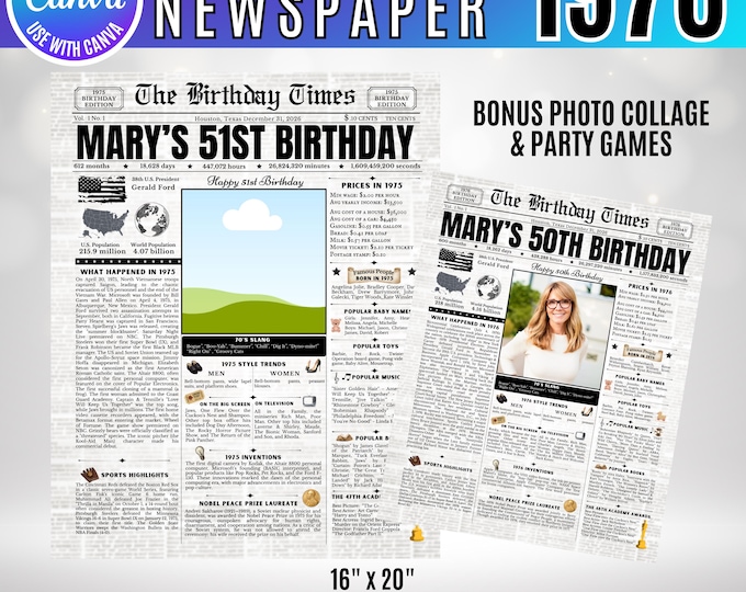 Editable Birthday Newspaper Template Canva, Custom Birth Year Facts Poster,  Canva Vintage Newspaper Birthday Sign, 1976 birthday gift decor
