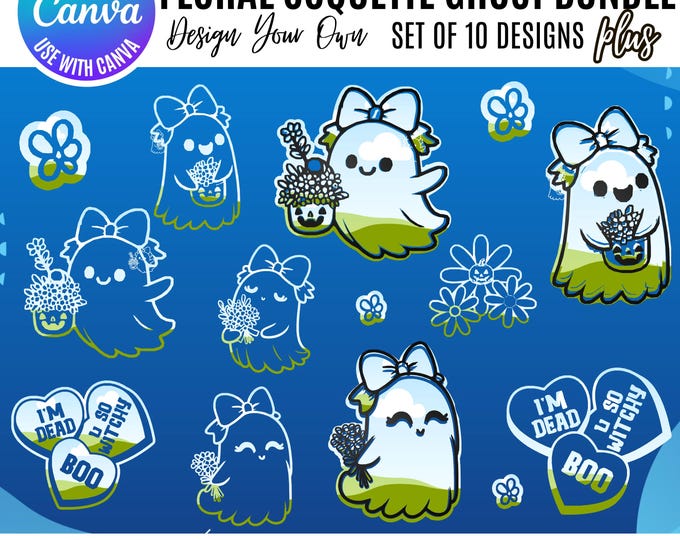 Coquette Halloween Canva Bundle, Halloween ghost Canva, retro Canva Halloween bundle, Halloween Designs, editable Halloween Canva frames