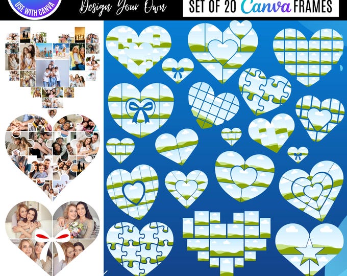 Heart Canva templates, Canva Heart frames, Love Heart Canva collage (Digital Download), Heart Photo Collage Canva Templates,
