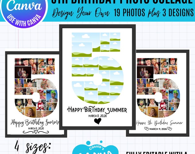 Canva 5th Birthday Photo Collage Template, 19 Photo Number 1 Collage, Editable Milestone Poster, 3 Text Designs, Canva Number 5 template