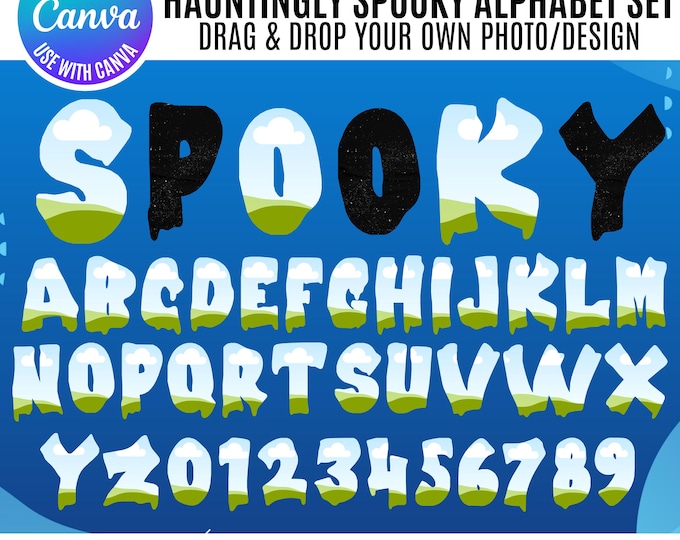 Halloween Alphabet Canva Bundle, Creepy Letters for Digital Designs, Canva Spooky Alphabet, Canva Halloween numbers, Canva Halloween frames