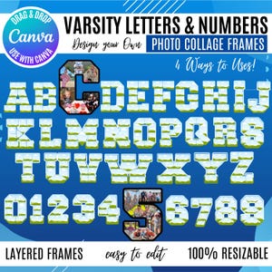 Op de afbeelding: Foto collage frames met varsity letters en cijfers in een blauw en wit ontwerp. De afbeelding bevat het alfabet, cijfers en de tekst "Varsity Letters & Numbers" en "Design your Own Photo Collage Frames". De tekst "Drag & Drop Canva" is ook zichtbaar.