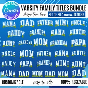 May include: A blue graphic promoting a "Varsity Family Titles Bundle" with 30 Canva designs. The design features family titles such as "Mum," "Dad," "Grandpa," and "Auntie," in a varsity font. The text also includes "Customisable," "Easy to edit," and "100% Resizable."