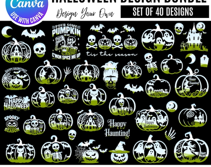 Canva Halloween Bundle, Halloween clipart & templates, Spooky Editable Halloween Graphics, Canva pumpkin templates, editable cats skeletons