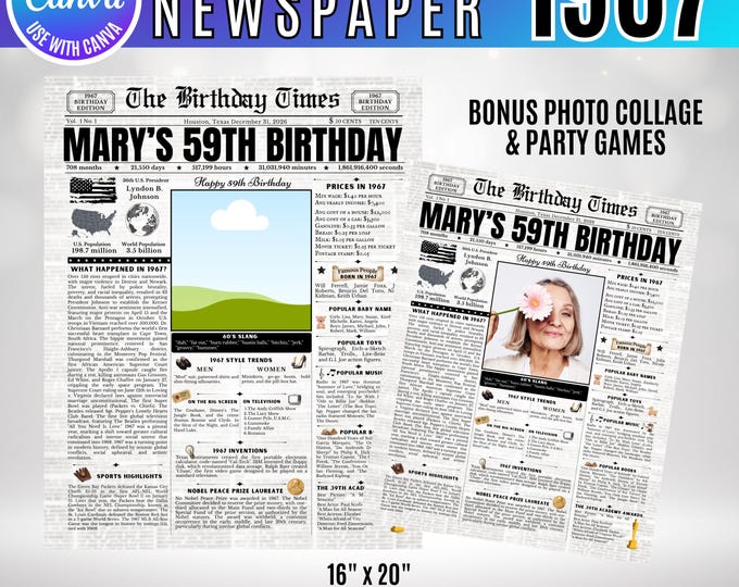 Editable Birthday Newspaper Template Canva, Custom Birth Year Facts Poster,  Canva Vintage Newspaper Birthday Sign, 1967 birthday gift decor