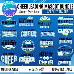 Könnte beinhalten: Blaues Grafikdesign mit einem Cheerleading-Maskottchen-Bundle mit 17 Designs. Der Text enthält "Cheerleading Mascot Bundle", "Design Your Own" und "Use with Canva". Die Designs sind mehrschichtig und skalierbar.