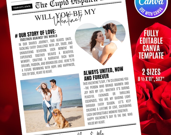 Valentine's Day Newspaper Template, Cupid Post Valentine’s Day Newspaper, Editable Canva Design, Printable Valentine’s Day Gift Idea