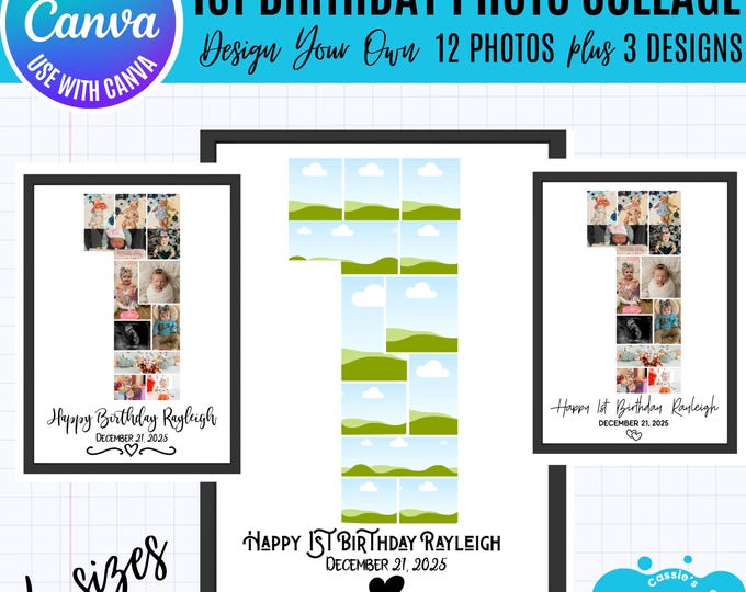 Canva 1st Birthday Photo Collage Template, 12 Photo Number 1 Collage, Editable Milestone Poster, 3 Text Designs, Canva Number 1 template