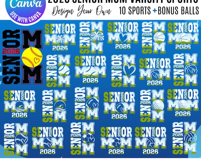 2026 Senior Mom Sports frames, 2026 Varsity Sports Canva Template, Coquette Sports Frames, Drag & Drop Senior Mom Frames, Senior Mama Canva