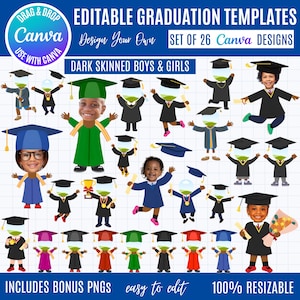 Puede incluir: Gráfico digital con plantillas de graduación para niños de piel oscura. La imagen muestra niños con atuendos de graduación, incluyendo gorras y togas. También incluye el texto "EDITABLE GRADUATION TEMPLATES", "Design Your Own" y "Drag & Drop Canva". La imagen también incluye el texto "DARK SKINNED BOYS & GIRLS".