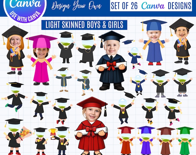 Kids Graduation Face Frames Canva Bundle, Funny Kids Graduate Photo Templates, Insert Face Graduation Designs, Editable Canva Templates