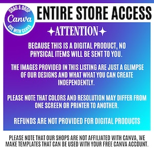 Pu&ograve; includere: Un grafico informativo su un prodotto digitale con uno sfondo sfumato dal viola al blu. Il testo recita: ENTIRE STORE ACCESS, ATTENTION, BECAUSE THIS IS A DIGITAL PRODUCT, NO PHYSICAL ITEMS WILL BE SENT TO YOU, e altri testi di esclusione.