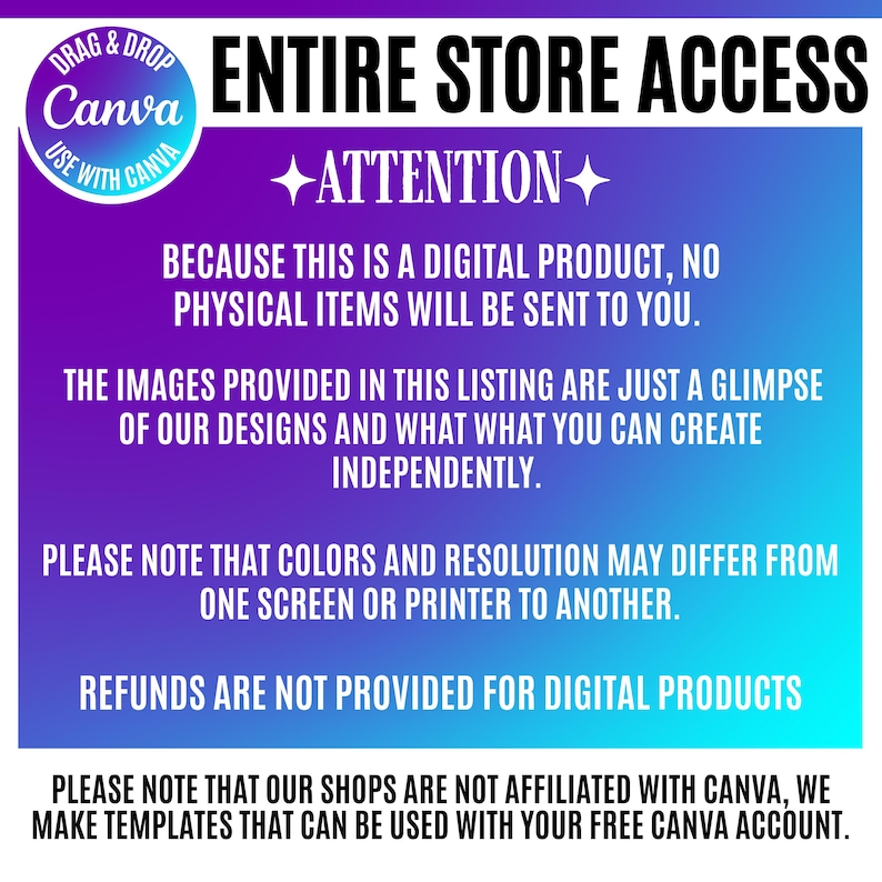 Pu&ograve; includere: Un grafico informativo su un prodotto digitale con uno sfondo sfumato dal viola al blu. Il testo recita: ENTIRE STORE ACCESS, ATTENTION, BECAUSE THIS IS A DIGITAL PRODUCT, NO PHYSICAL ITEMS WILL BE SENT TO YOU, e altri testi di esclusione.
