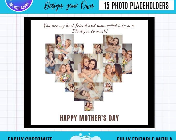 Mother's Day Photo Collage Canva Template, Canva Photo Collage for Mother's Day, (Digital Download, Canva Heart photo collage gift for Mom