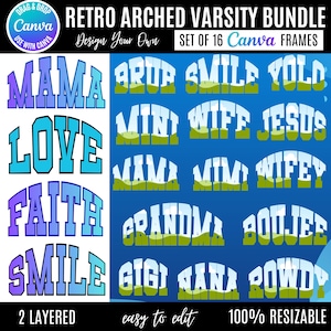 Puede incluir: Un paquete de dise&ntilde;o digital con marcos de texto de estilo universitario arqueados retro. El conjunto incluye palabras como "MAMA", "LOVE", "FAITH" y "SMILE" en un esquema de color degradado. El dise&ntilde;o es f&aacute;cil de editar y totalmente redimensionable.
