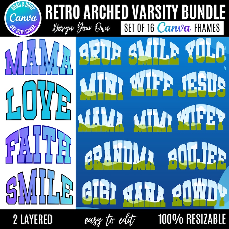 Puede incluir: Un paquete de dise&ntilde;o digital con marcos de texto de estilo universitario arqueados retro. El conjunto incluye palabras como "MAMA", "LOVE", "FAITH" y "SMILE" en un esquema de color degradado. El dise&ntilde;o es f&aacute;cil de editar y totalmente redimensionable.
