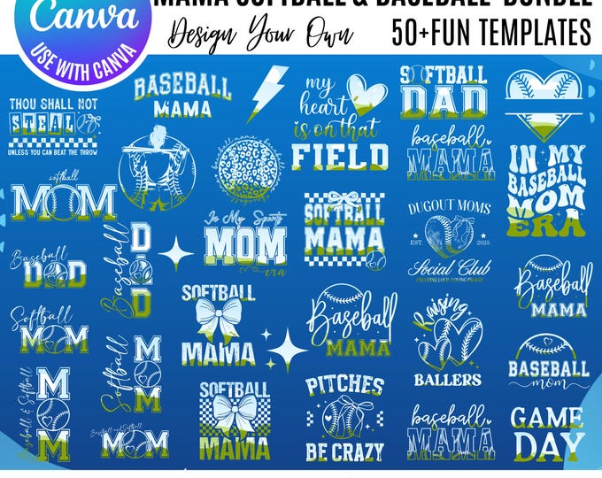 Mama Softball Canva Bundle, Canva Sports Template Bundle, Coquette Sports Frames, Drag & Drop Baseball Mom Sports Templates, Canva Softball