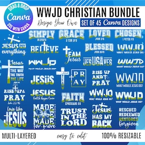 Könnte beinhalten: Ein blaues Grafikdesign-Bundle mit christlichen Themen. Das Design enthält Sätze wie "Jesus", "Glaube" und "WWJD" sowie andere religiöse Wörter und Sätze. Der Text ist in Weiß und Grün.