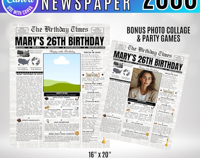 Editable Birthday Newspaper Template Canva, Custom Birth Year Facts Poster,  Canva Vintage Newspaper Birthday Sign, 2000 birthday gift decor
