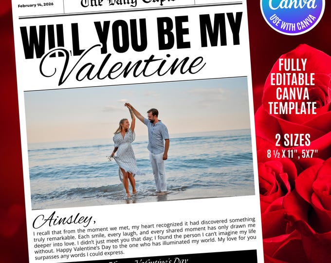 Personalized Valentine Newspaper Canva Template (Digital Download)