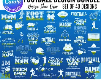 Puede incluir: Un paquete de diseño digital de fútbol con 40 diseños editables. Los diseños incluyen texto y gráficos relacionados con el fútbol, como balones, cascos y frases como "Football Mom" y "Touchdown Season". Los diseños son en capas y redimensionables.