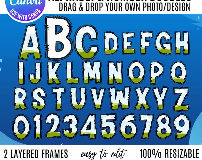 Doodle Alphabet Canva Templates, Doodle Letter Canva Frames, Drag & Drop alphabet Templates, Canva number doodles, layered Canva Frame templ