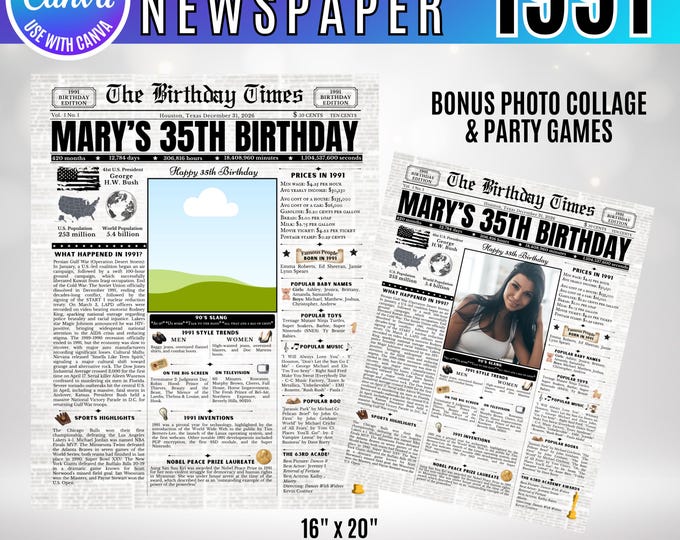 Editable Birthday Newspaper Template Canva, Custom Birth Year Facts Poster,  Canva Vintage Newspaper Birthday Sign, 1991 birthday gift decor
