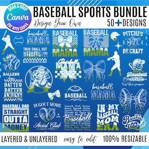 以下が含まれることがあります： 野球をテーマにした青色のグラフィックデザインバンドルです。「Baseball Mama」、「Baseball Dad」、「Dugout Moms」などのテキストが含まれています。バンドルは編集が簡単で、100％サイズ変更可能です。