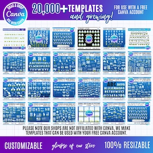 Pu&ograve; includere: Una collezione digitale di oltre 20.000 modelli da utilizzare con un account Canva gratuito. L'immagine mostra una griglia di vari pacchetti di design grafico, tra cui lettere dell'alfabeto, temi sportivi, fiocchi e cornici su sfondo blu.