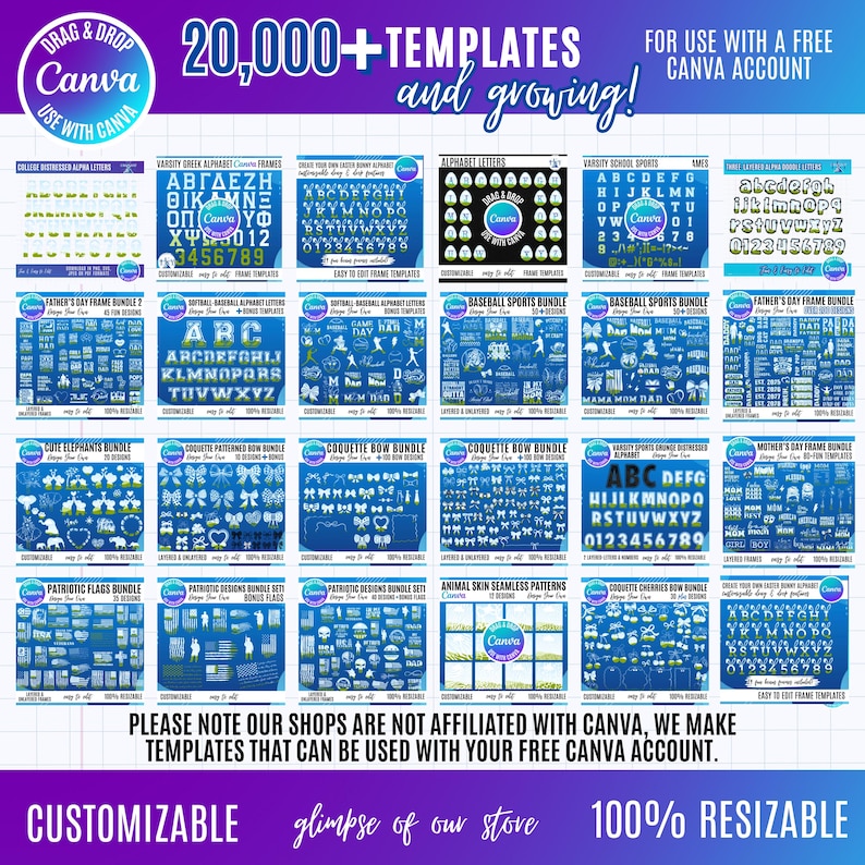 Pu&ograve; includere: Una collezione digitale di oltre 20.000 modelli da utilizzare con un account Canva gratuito. L'immagine mostra una griglia di vari pacchetti di design grafico, tra cui lettere dell'alfabeto, temi sportivi, fiocchi e cornici su sfondo blu.