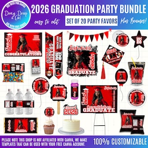 Peut inclure: Un ensemble de décorations de fête de remise de diplôme rouges et noires. Comprend des bannières, des panneaux, des étiquettes de bouteilles d'eau et des décorations de cupcakes. Le texte comprend "2026 Graduation Party Bundle", "Congratulations Graduate", et "Class of 2026".