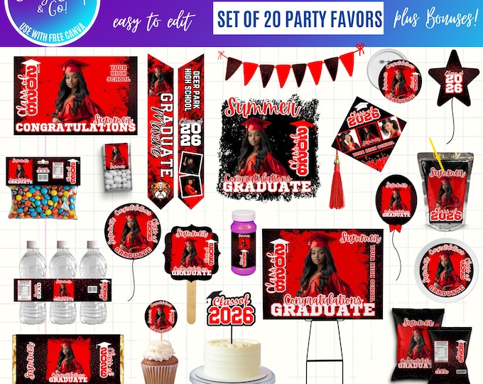 Graduation 2026 Canva Bundle Template, Editable Grad Party Decor Kit, Pre-Made Senior Designs, Canva graduation party favors bundle, digital