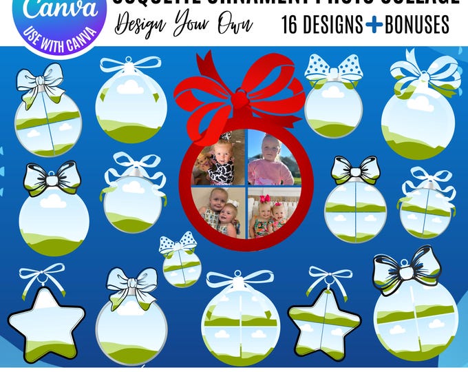 Coquette Christmas Ornament Canva Photo Collage Bundle, Cute Holiday Collage Templates with Bows and Ribbons, Canva Christmas photo collage