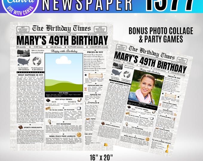 Editable Birthday Newspaper Template Canva, Custom Birth Year Facts Poster,  Canva Vintage Newspaper Birthday Sign, 1977 birthday gift decor