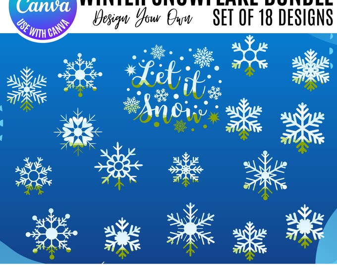 Winter Snowflake Bundle Designs, Canva Winter Snowflake Bundle, Editable Snowflake Designs for Winter Projects, Cards, Snowflake templates
