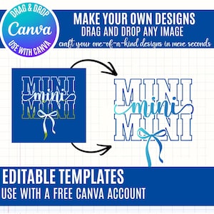 Pu&ograve; includere: Un modello di design grafico digitale che presenta il testo MINI in un carattere a blocchi e in corsivo con un'illustrazione a fiocco. Il design &egrave; mostrato in un quadrato blu solido e come versione con contorno blu. Il testo include MAKE YOUR OWN DESIGNS e EDITABLE TEMPLATES.